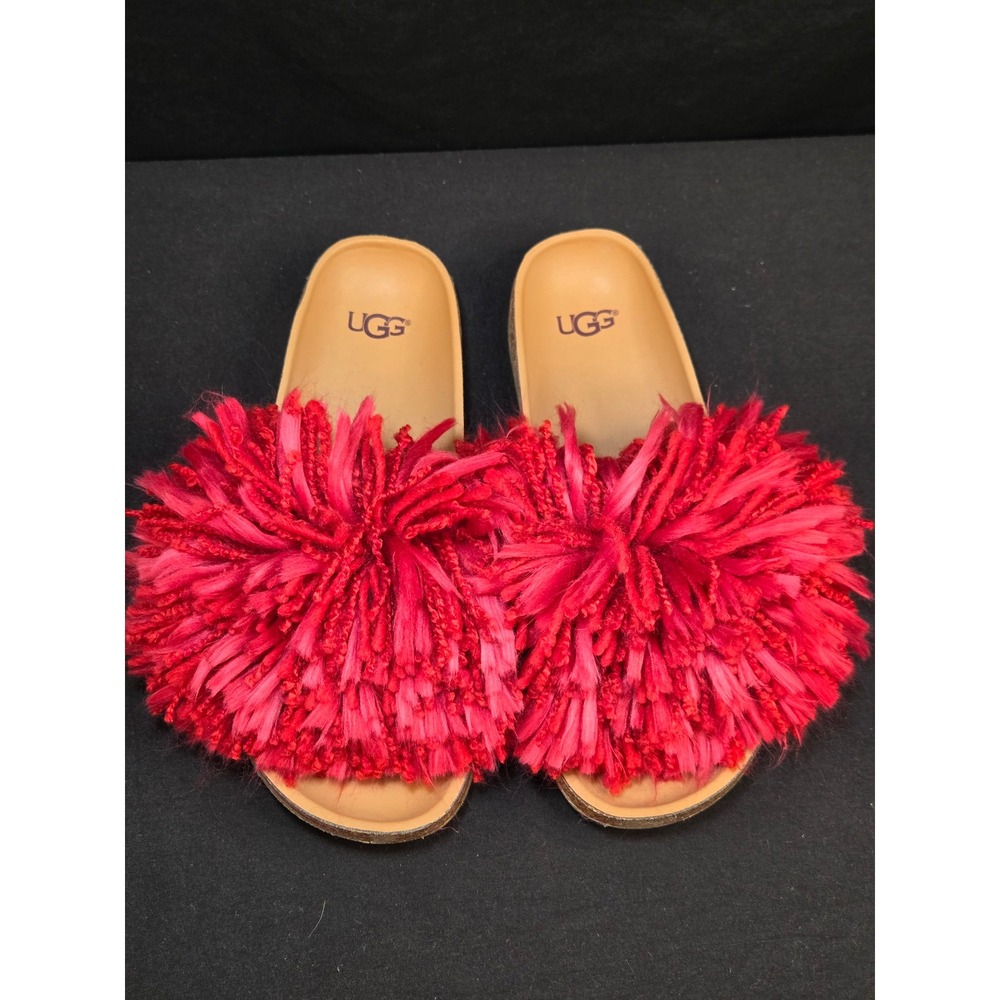 UGG Holly Shaggy Pom Pom Slide Sandals Red Cork Footbed 1020079 Womens 7.5